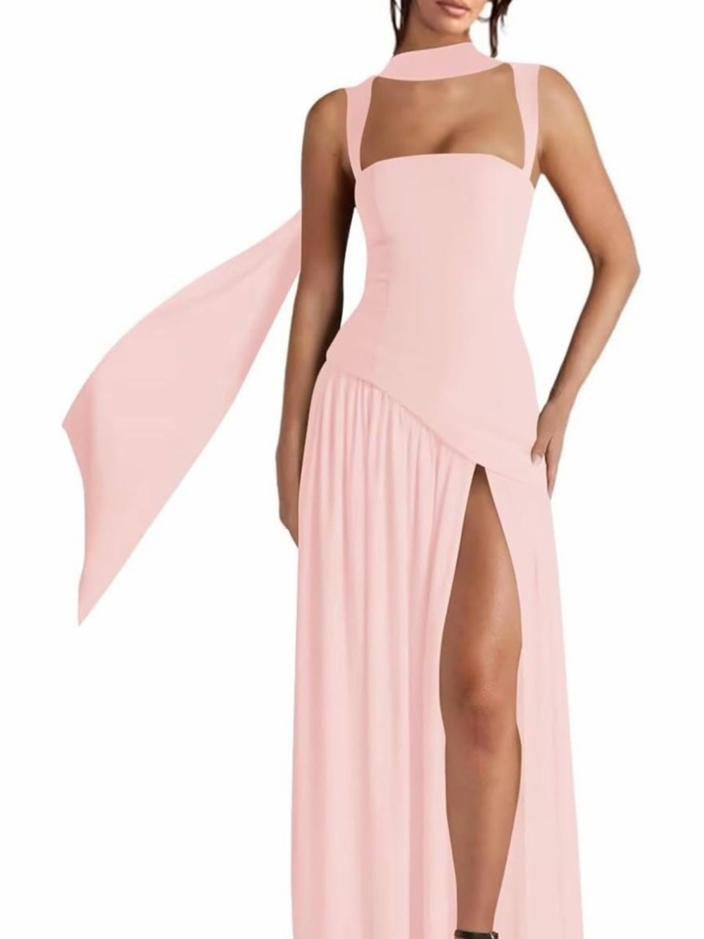 Blush Pink Dress Long Chiffon Square Neck Ruched Corset Formal with Scarf US2